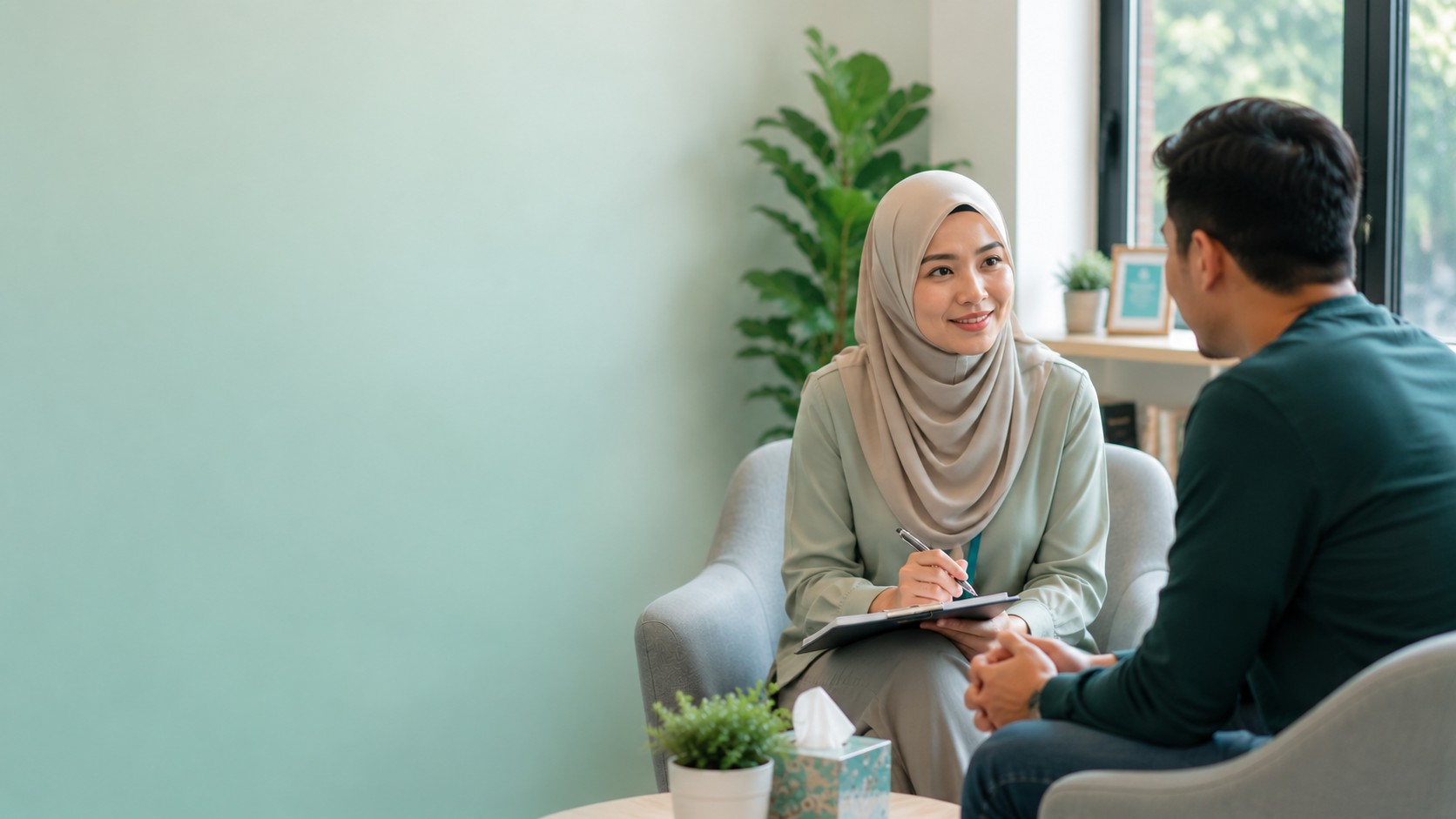 Kaunselor wanita bertudung memberi sesi kaunseling sulit dan mesra kepada seorang lelaki dalam suasana tenang
